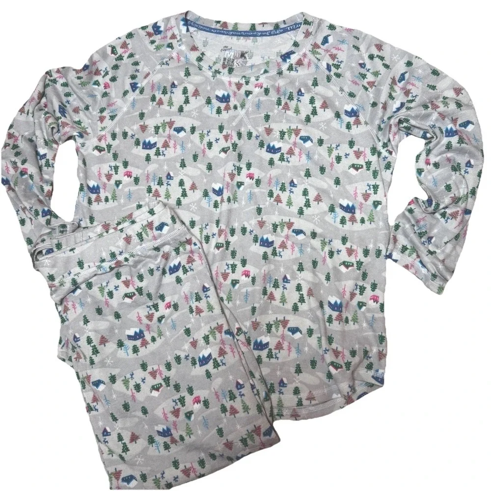 Muk Luks Womens XL Hacci Knit Christmas Tree‎ Gray Fleece Pajamas Set XL